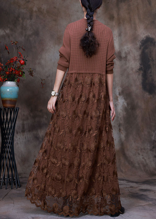 Chocolate Patchwork Knit Long Knit Dress Asymmetrical Winter