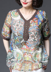 Chocolate Patchwork Loose Cotton Shirt Top Sequined Short Sleeve