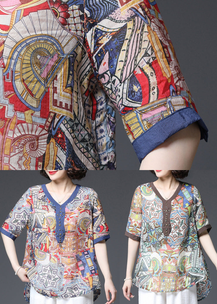 Chocolate Patchwork Loose Cotton Shirt Top Sequined Short Sleeve