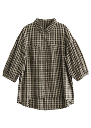 Chocolate Plaid Patchwork Linen Shirt Button Half Sleeve