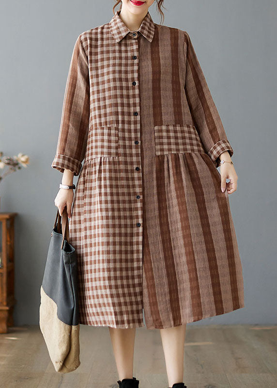 Chocolate Plaid Patchwork Pockets Vacation Dresses Spring