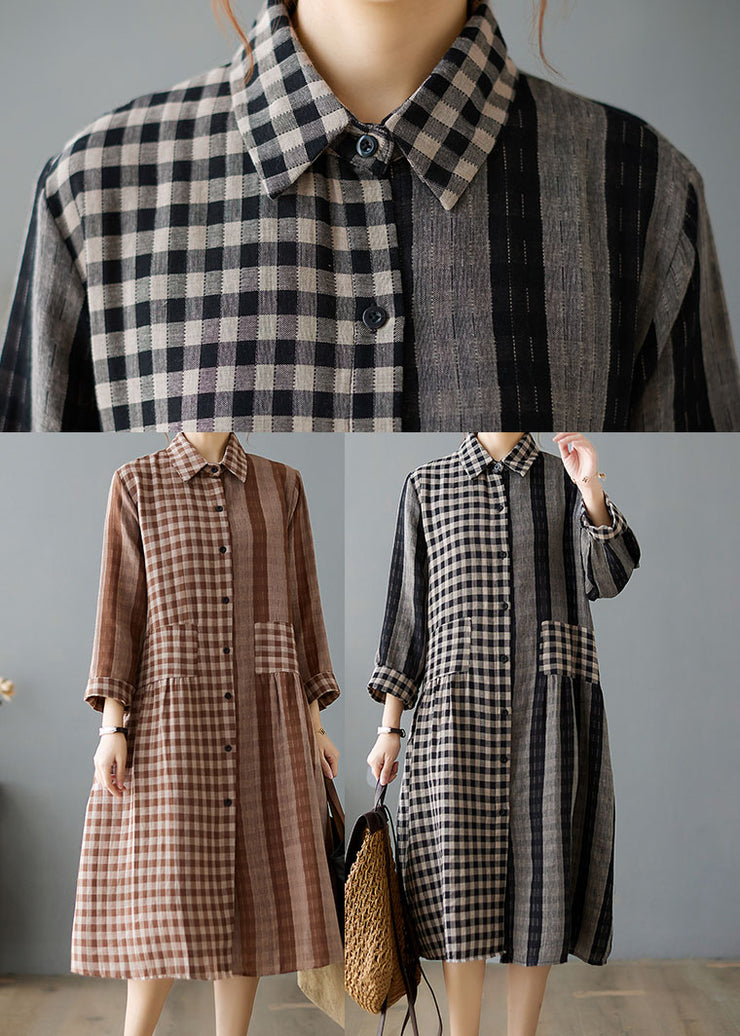 Chocolate Plaid Patchwork Pockets Vacation Dresses Spring