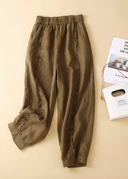 Chocolate Pockets Linen Lantern Crop Pants Elastic Waist Summer