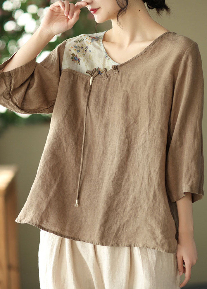 Chocolate Print Linen Shirt Tops Asymmetrical Tassel Bracelet Sleeve