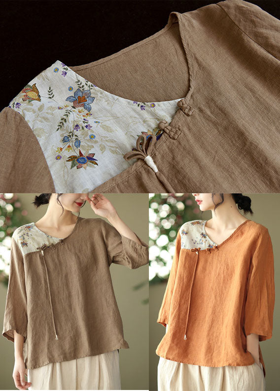 Chocolate Print Linen Shirt Tops Asymmetrical Tassel Bracelet Sleeve