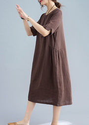 Chocolate Solid Original Design Pocket Linen Holiday Dress Short Sleeve