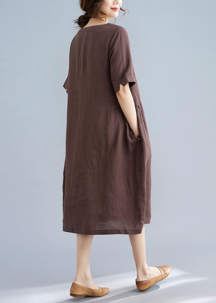 Chocolate Solid Original Design Pocket Linen Holiday Dress Short Sleeve