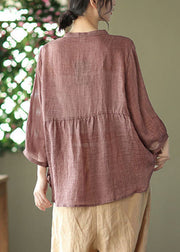 Chocolate Solid Patchwork Linen Shirt Top Wrinkled Bracelet Sleeve