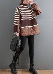 Chocolate Striped Knit Patchwork Fine Cotton Filled drawstring Winter sweaters Coat