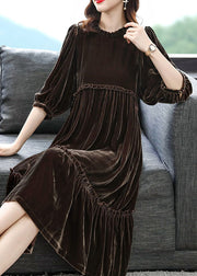 Chocolate Velour Vacation Dresses Ruffled Half Sleeve