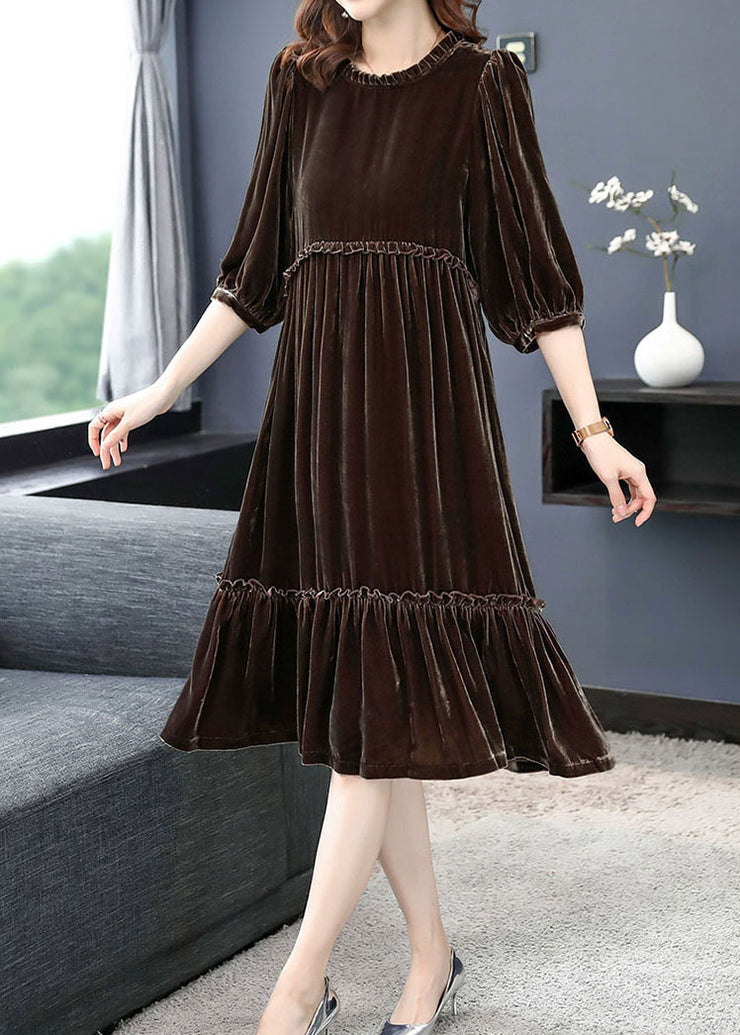 Chocolate Velour Vacation Dresses Ruffled Half Sleeve