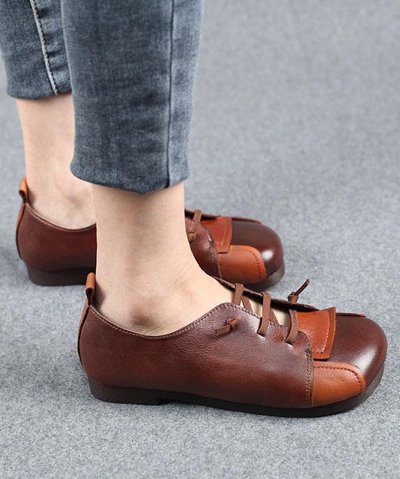 Comfortable Flat Shoes Chocolate Genuine Leather - SooLinen