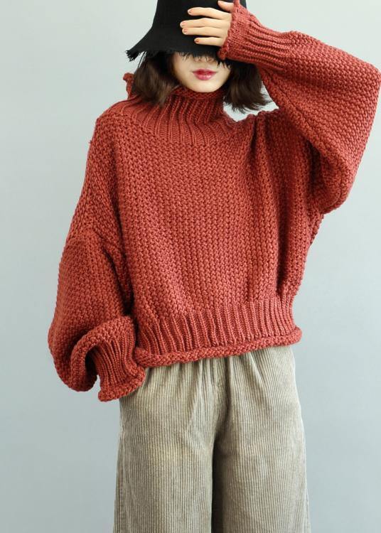 Comfy  red knit tops fall fashion high neck lantern sleeve top - SooLinen