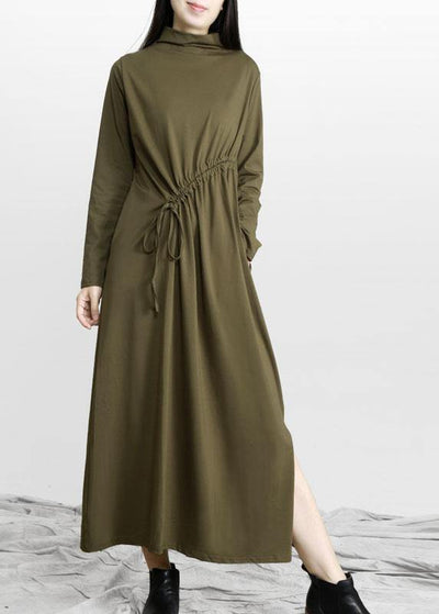 Comfy Army Green Drawstring Asymmetrical Design Side Open Dress Fall - SooLinen