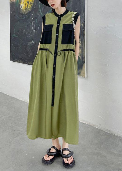 Comfy Army Green Patchwork Button Tie Waist Summer Long Dress - SooLinen