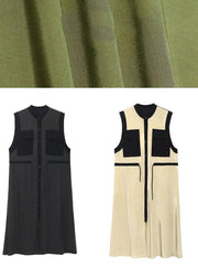 Comfy Army Green Patchwork Button Tie Waist Summer Long Dress - SooLinen