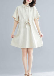 Comfy Beige tie waist Cotton Button Summer Day Dress - SooLinen