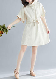 Comfy Beige tie waist Cotton Button Summer Day Dress - SooLinen