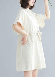 Comfy Beige tie waist Cotton Button Summer Day Dress - SooLinen