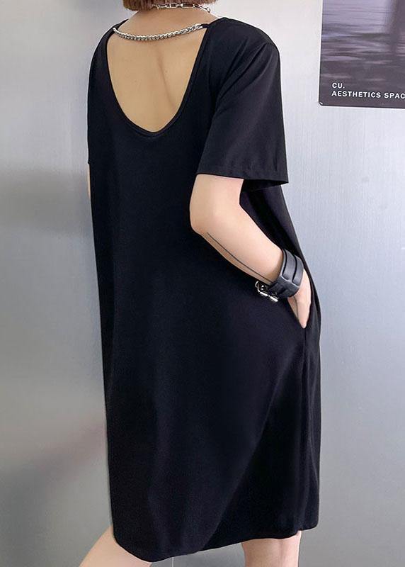 Comfy Black Backless U Neck Maxi Dresses Short Sleeve Cotton - SooLinen