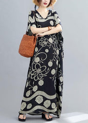 Comfy Black Bat Wing Sleeve Print V Neck Summer Cotton Maxi Dresses - SooLinen