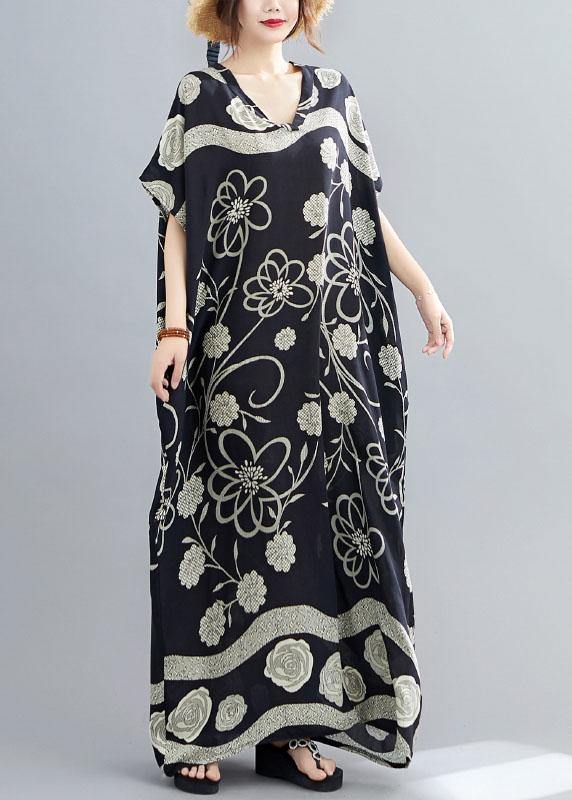 Comfy Black Bat Wing Sleeve Print V Neck Summer Cotton Maxi Dresses - SooLinen