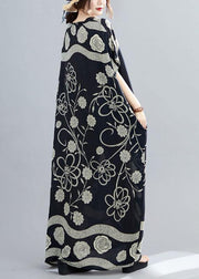 Comfy Black Bat Wing Sleeve Print V Neck Summer Cotton Maxi Dresses - SooLinen