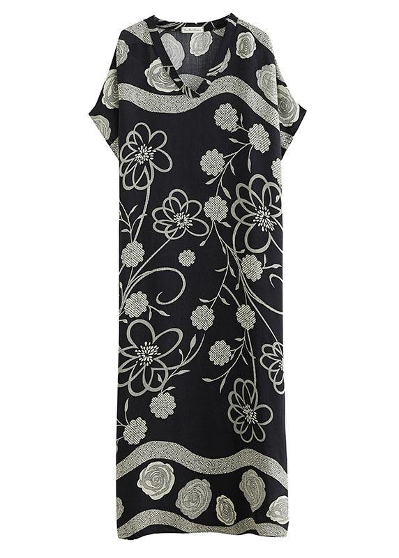 Comfy Black Bat Wing Sleeve Print V Neck Summer Cotton Maxi Dresses - SooLinen