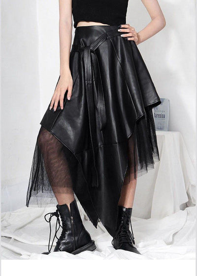 Comfy Black Patchwork Tulle Asymmetrical design PU Skirts - SooLinen