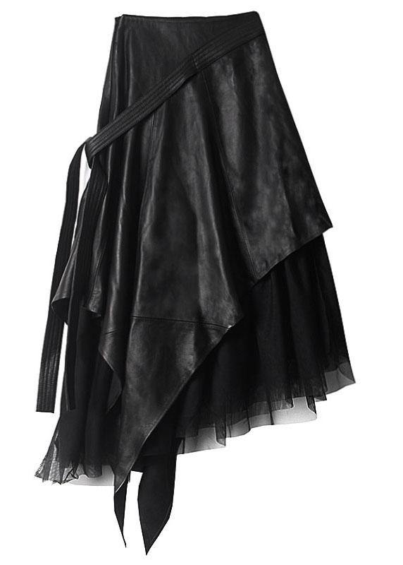 Comfy Black Patchwork Tulle Asymmetrical design PU Skirts - SooLinen