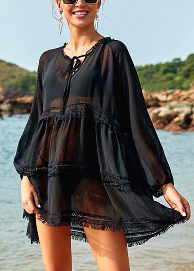 Comfy Black Ruffled Chiffon Long sleeve kimono robe  Vacation Dresses - SooLinen