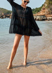 Comfy Black Ruffled Chiffon Long sleeve kimono robe  Vacation Dresses - SooLinen