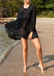 Comfy Black Ruffled Chiffon Long sleeve kimono robe  Vacation Dresses - SooLinen