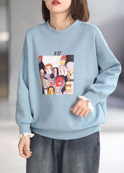 Comfy Blue Casual O-Neck Print Fall Sweatshirt - SooLinen