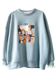 Comfy Blue Casual O-Neck Print Fall Sweatshirt - SooLinen