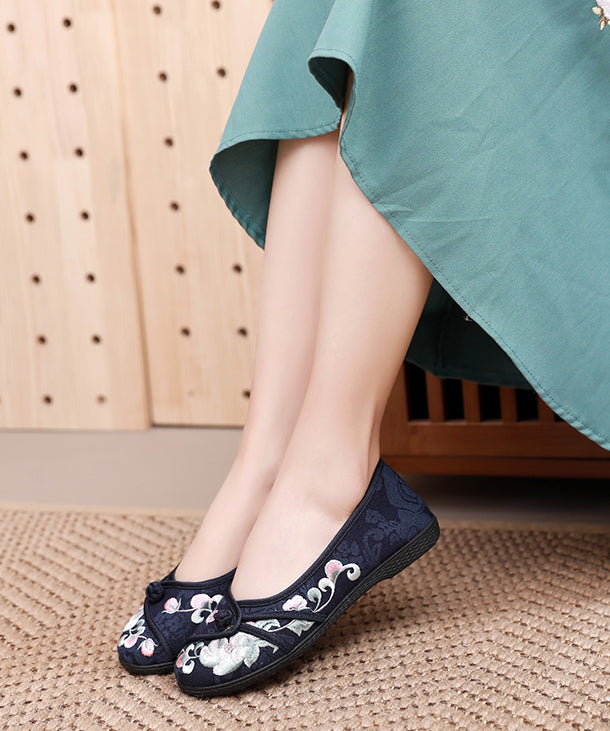 Comfy Blue Flats Embroideried Cotton Fabric Flat Shoes For Women