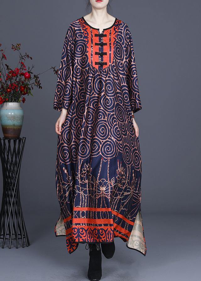 Comfy Blue Print Long sleeve Summer Spring Dress - SooLinen