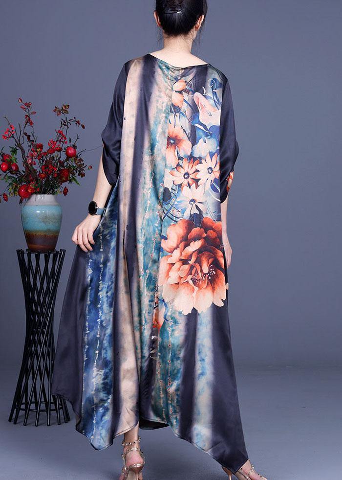 Comfy Blue Print asymmetrical design Half Sleeve Silk Summer Holiday Dress - SooLinen