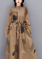 Comfy Brown Pockets Tie Waist Fall Long Sleeve Dresses - SooLinen