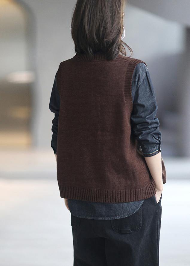 Comfy Chocolate Knit Blouse V Neck Sleeveless Knit Tops - SooLinen