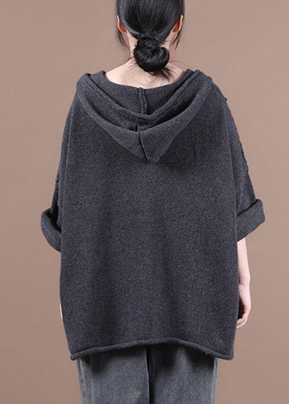 Comfy Dark Grey hooded Pockets Sweater Coat - SooLinen