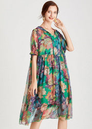 Comfy Green Loose Hooded Summer Chiffon Holiday Dress Half Sleeve - SooLinen