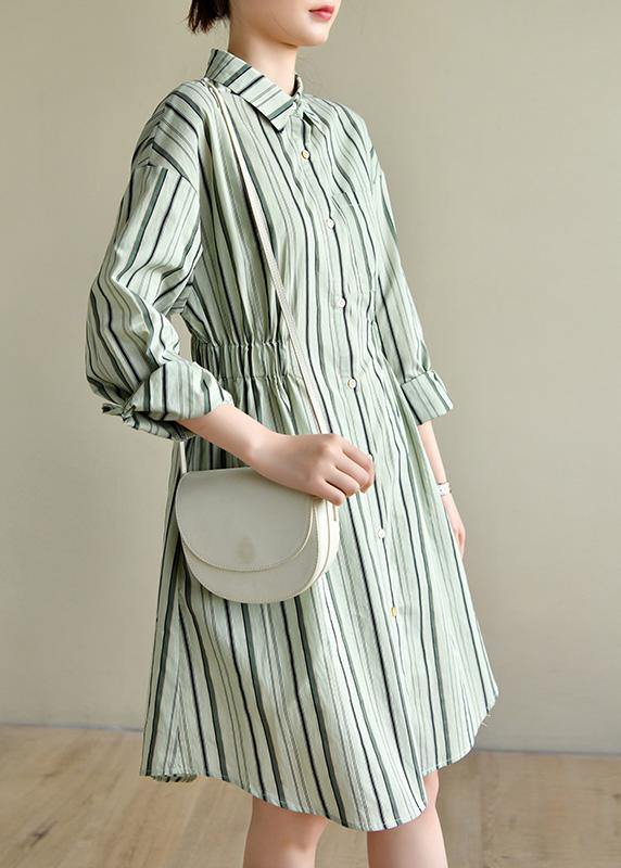 Comfy Green Striped Chiffon Cinched Summer Dress - SooLinen