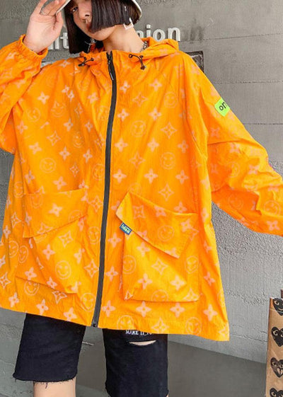 Comfy Orange Print UPF 50+ Coat Jacket Hooded Hoodie Coat - SooLinen