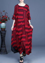 Comfy Red Striped asymmetrical design Maxi Summer Cotton Linen Dress - SooLinen