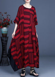 Comfy Red Striped asymmetrical design Maxi Summer Cotton Linen Dress - SooLinen