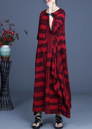 Comfy Red Striped asymmetrical design Maxi Summer Cotton Linen Dress - SooLinen