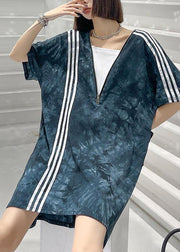 Comfy Tie Dye Blue zippered V Neck Dresses Summer - SooLinen