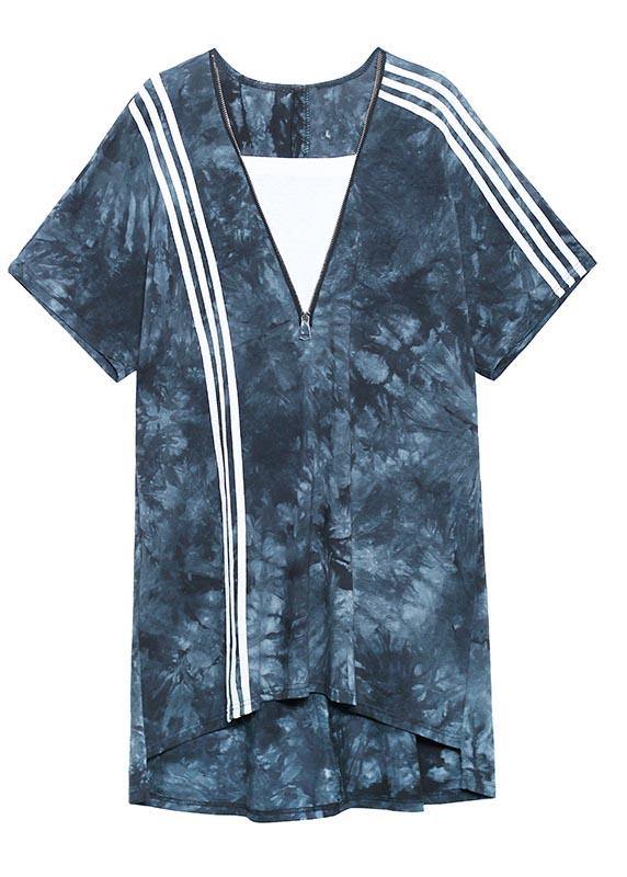 Comfy Tie Dye Blue zippered V Neck Dresses Summer - SooLinen