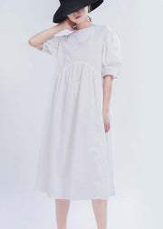 Comfy White Puff Sleeve Long Summer Cotton Dress - SooLinen